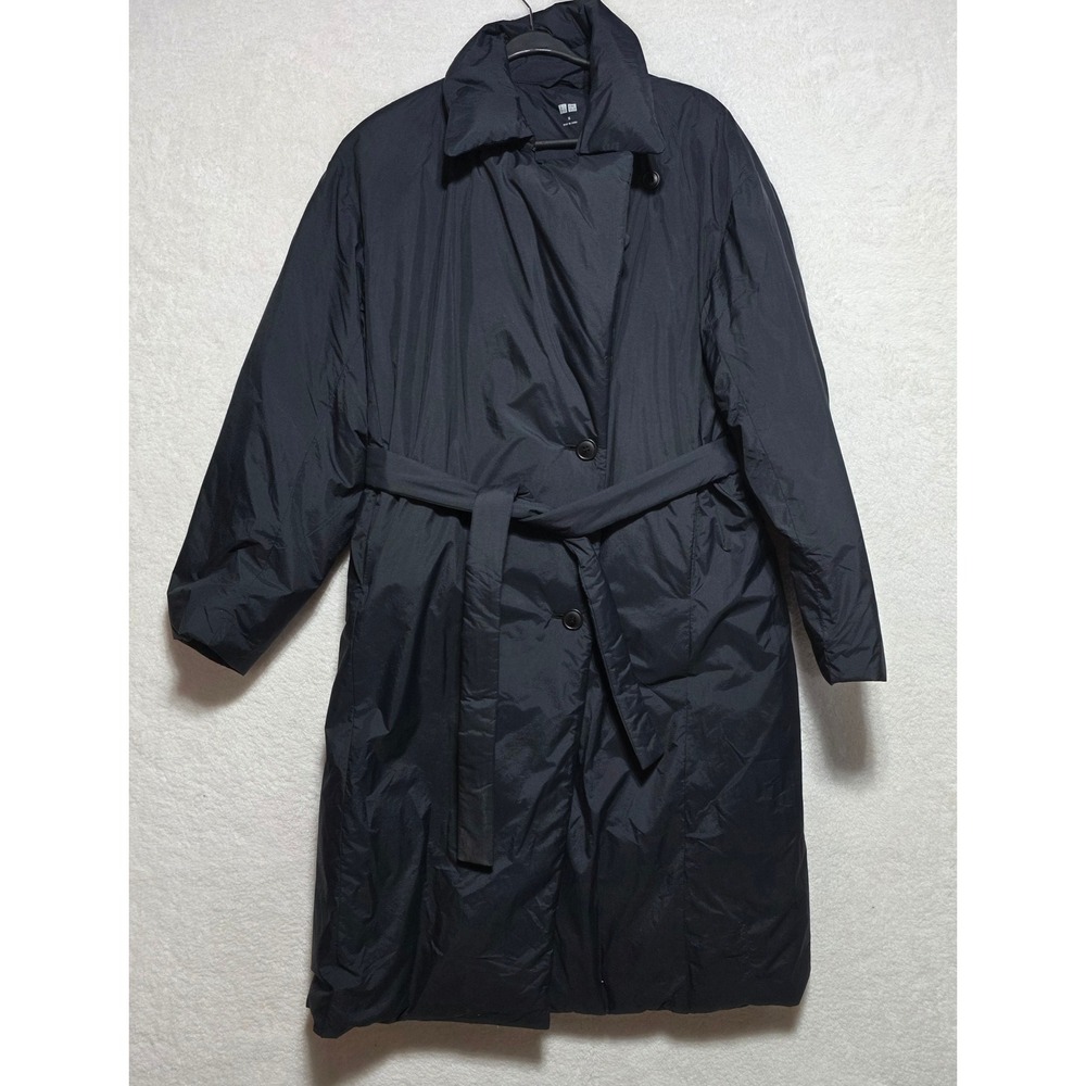 Uniqlo Women's Black Belted Long Puffer Trench Coat Jacket Size M